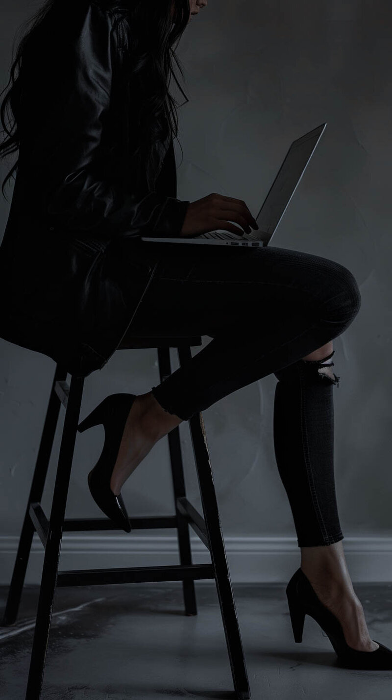 Girl writing on laptop wearing high heels sitting on a stool