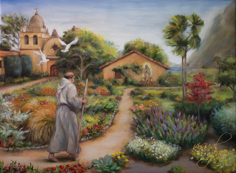 St Junipero in garden painting