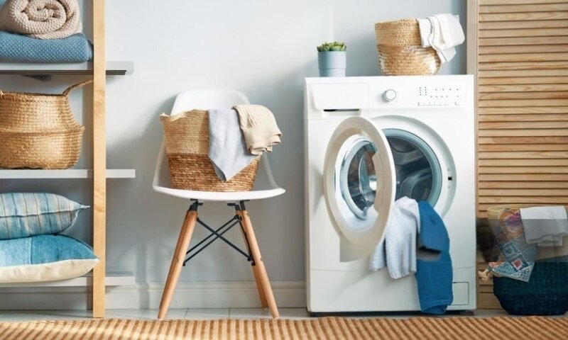 washing machine with wicker baskets on top