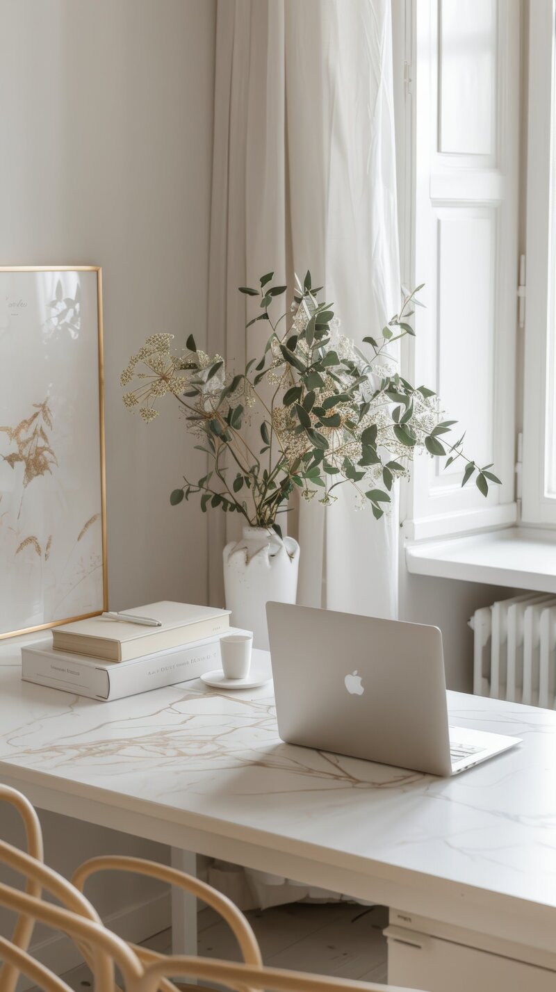 Picture of a marble desk top with a Macbook, potted plant, two books, a pen, and an espresso cup on top. A rattan chair is facing the desk, and there are neutral curtains filtering the light from a window behind the desk.  