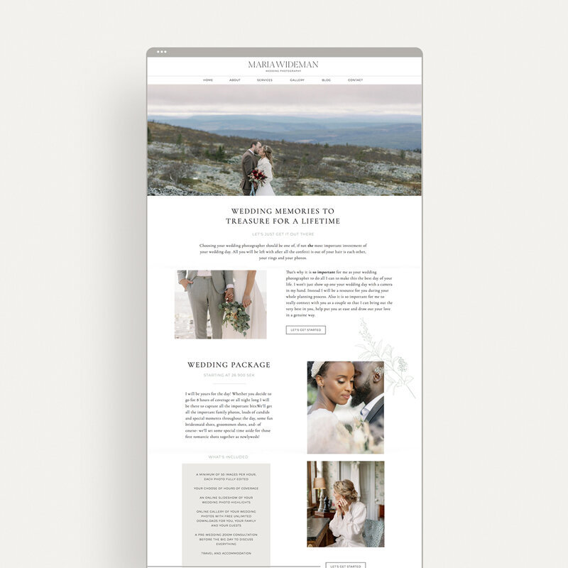 Wedding services page design for Maria Wideman