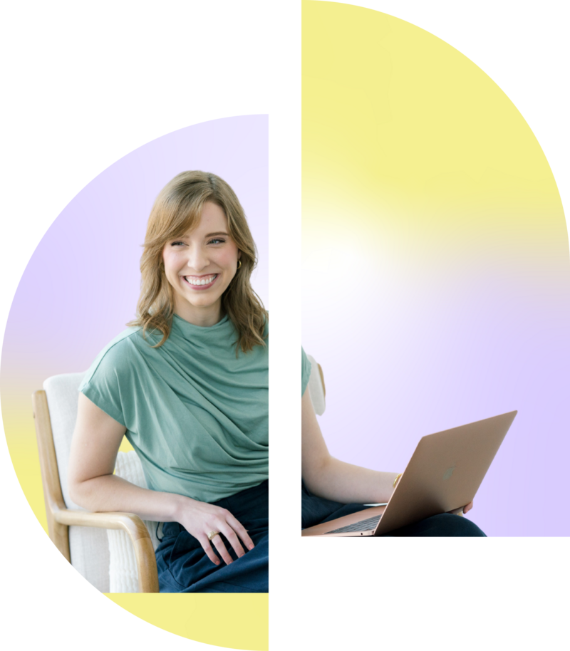 Kelsey sitting in a chair with her laptop on a yellow and purple gradient background in curved shaped frames
