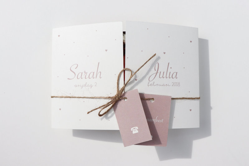 Lief oudroze tweeluik geboortekaartje voor meisjes Sarah & julia