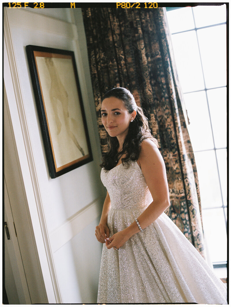 Editorial film portrait of a bride of her wedding day in New York City at The Bowery Hotel