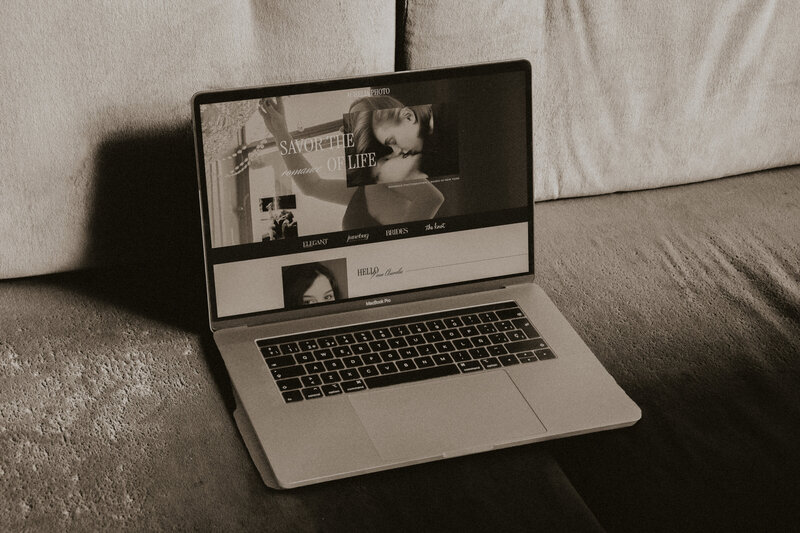 Custom Showit website design for a California wedding photographer on a laptop on top of a couch