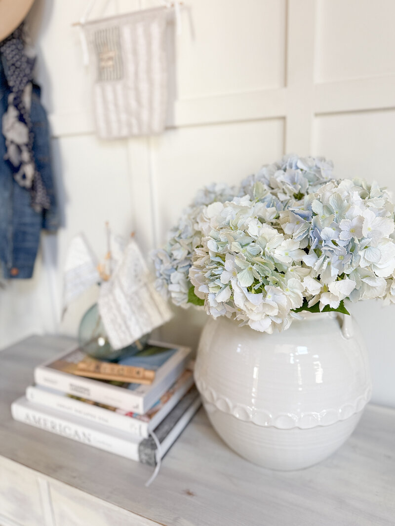 Fourth of July entryway blue hydrangeas portrait mode 