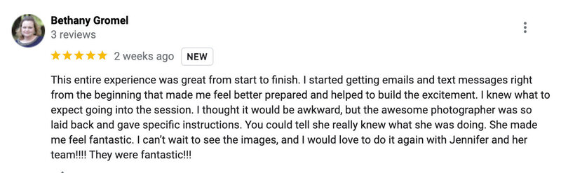 Screenshot of Google review for boudoir photography by Boudoir By Jennifer Smith