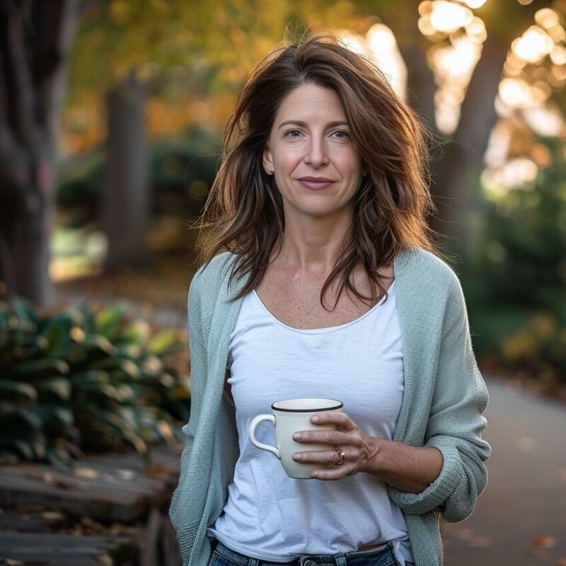 susan outside with coffee walking