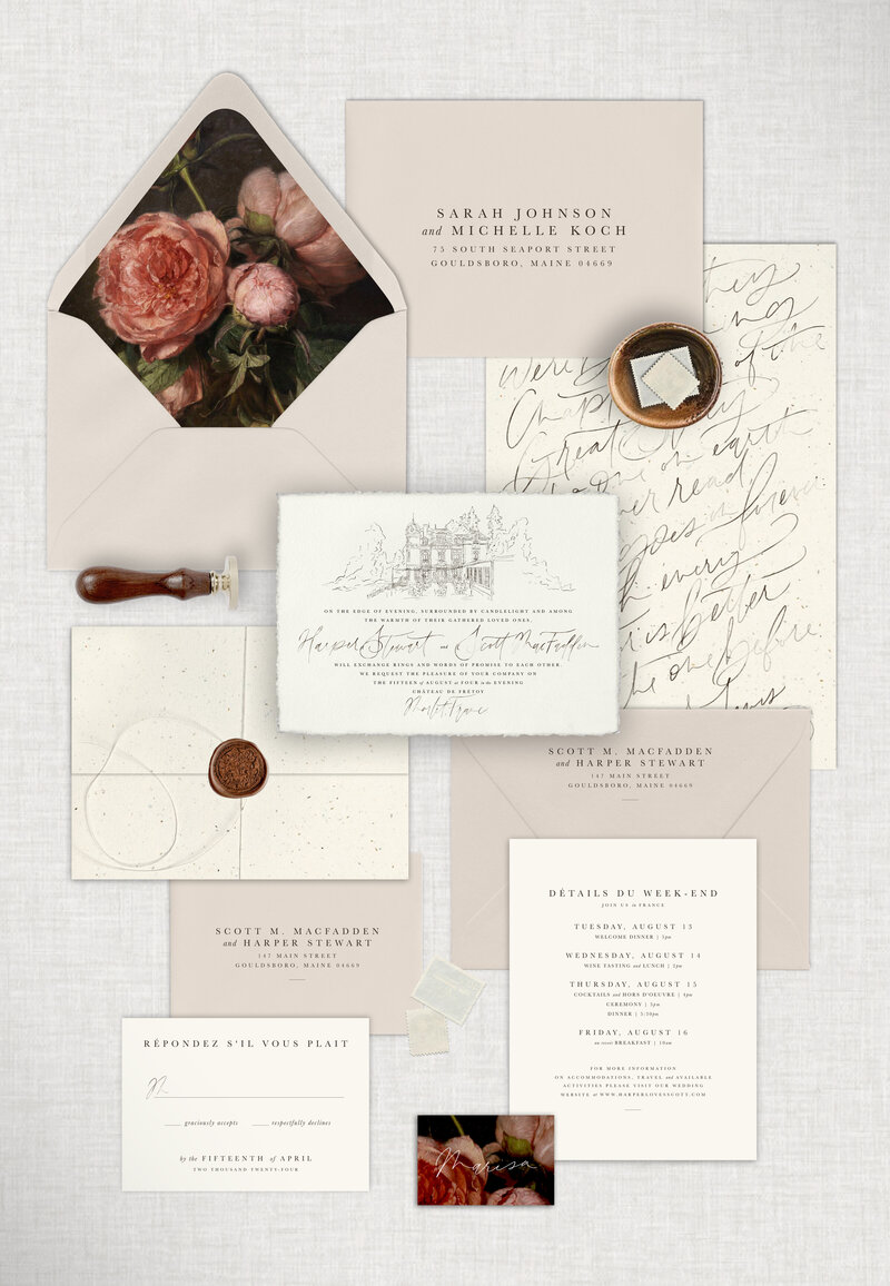 Invitation digitally printed on Cotton handmade paper with a sketch of the venue, details and rsvp digitally printed on Pearl White heavyweight cardstock, Mist colored mailing and rsvp envelopes, vintage piece of artwork as an envelope liner, wrap has a quote by C.S. Lewis done in calligraphy and printed on specialty paper, and all items are wrapped up like a vintage love letter, tied with European twine and finished with a copper wax seal.