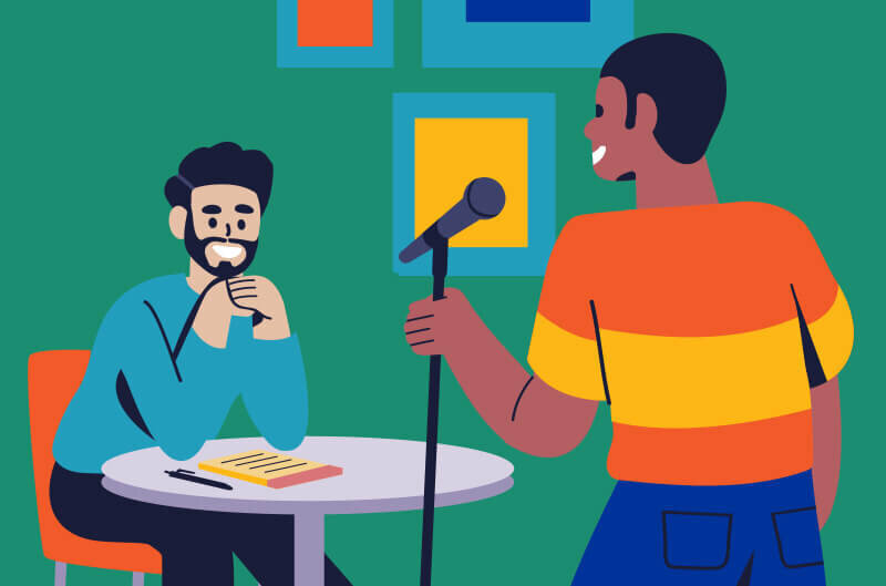 Illustration of a comedian on stage holding a microphone and performing for Ahmed Bharoocha