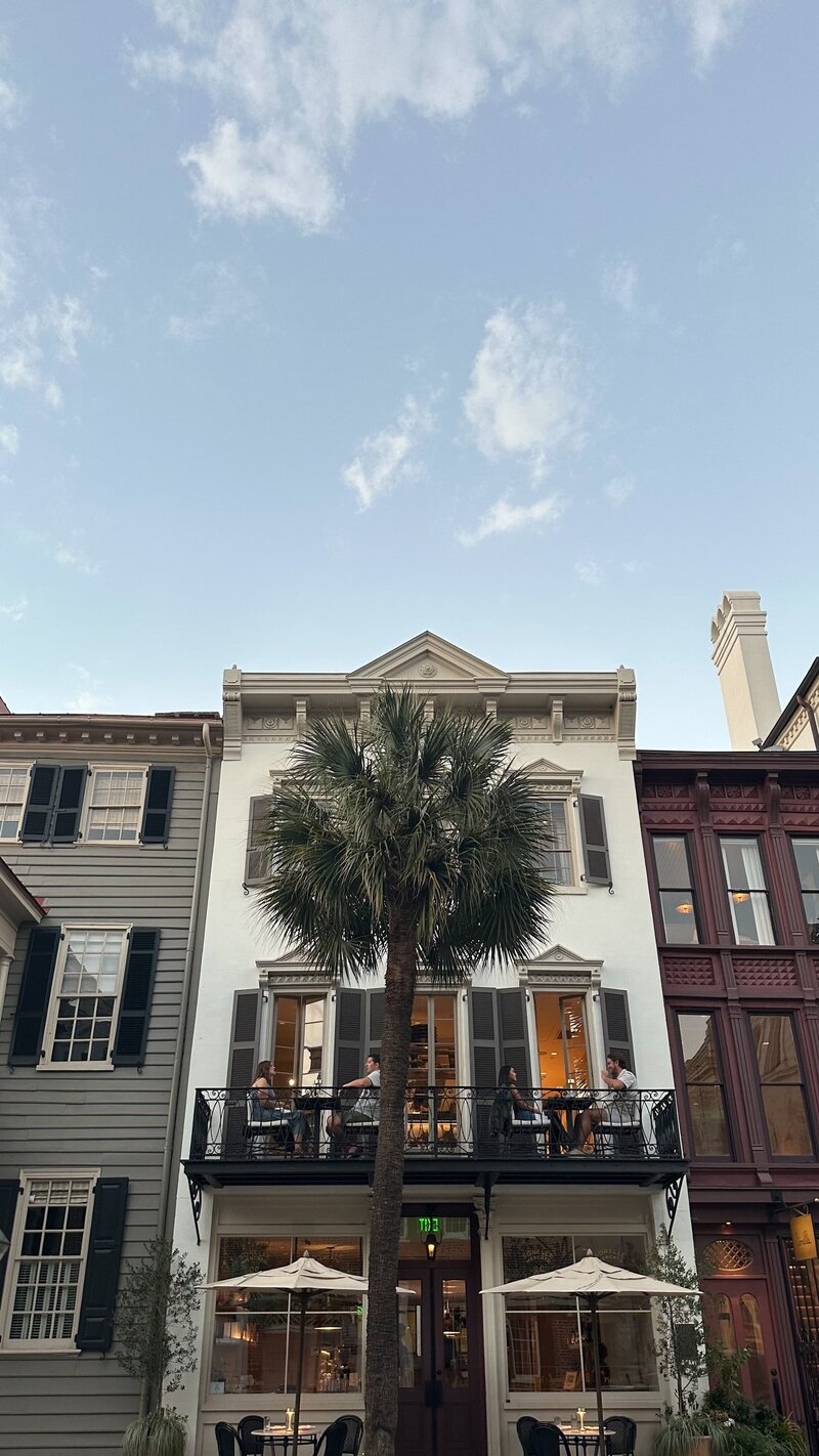 iPhone shot captured by Macey of a local Charleston restaurant with a palm tree in front and blue skies in the background
