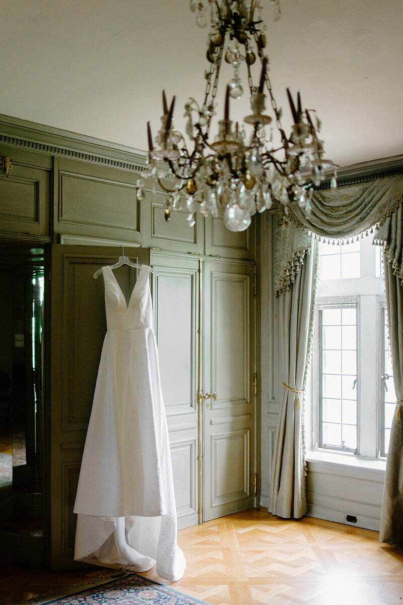 Wedding dress hangs in bridal suite of art museum in Des Moines