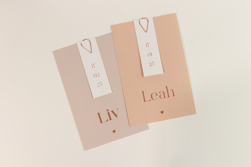 Geboortekaartje-Leah-zalmroze-met-datumlabel-en-paperclip-13