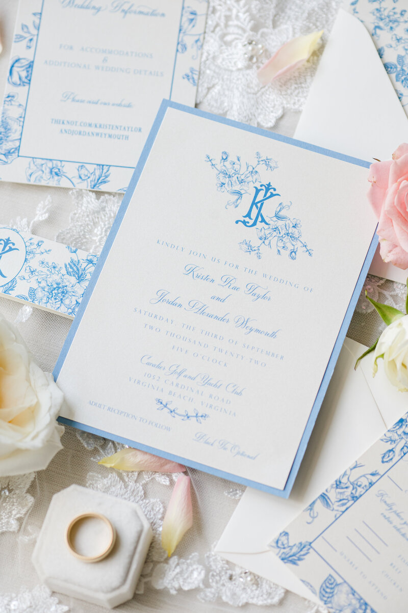 Blue and White Floral Pattern Wedding Invitation Suite