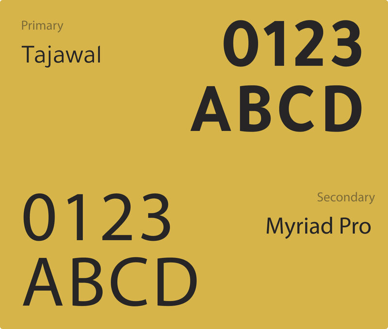 Two fonts, Tajawal and Myriad Pro, shown as the primary and secondary font pairings.