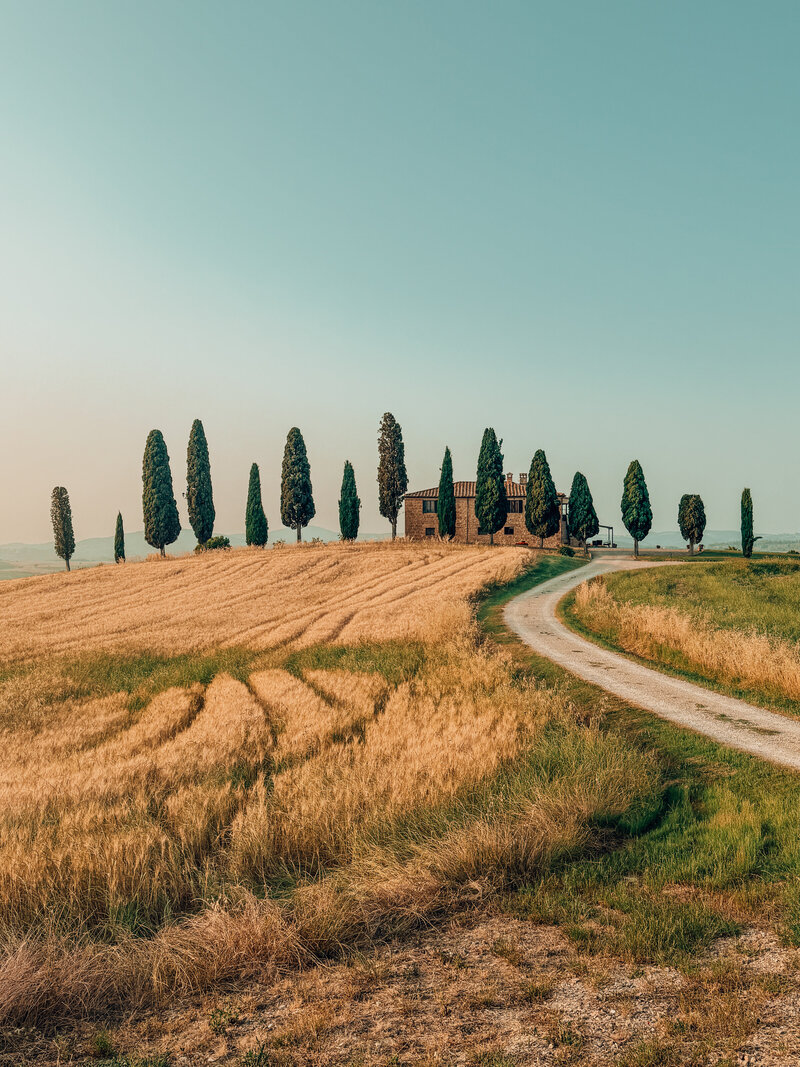 villa in countryside surrounded by cypress trees in val d'orcia tuscany