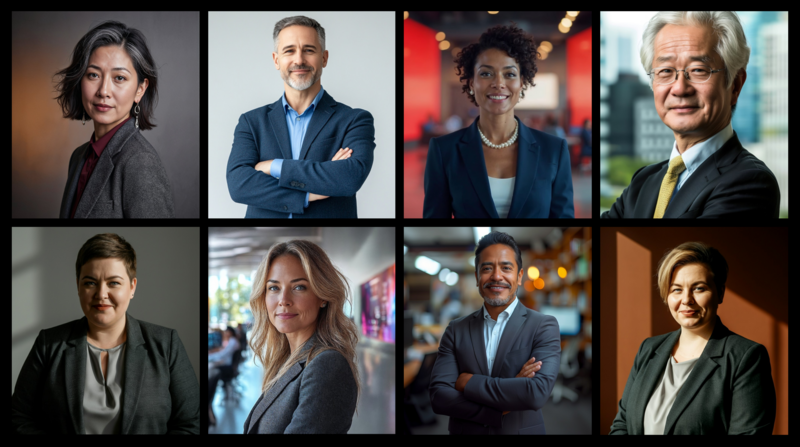 Eight professional headshots of employees in a workplace setting.
