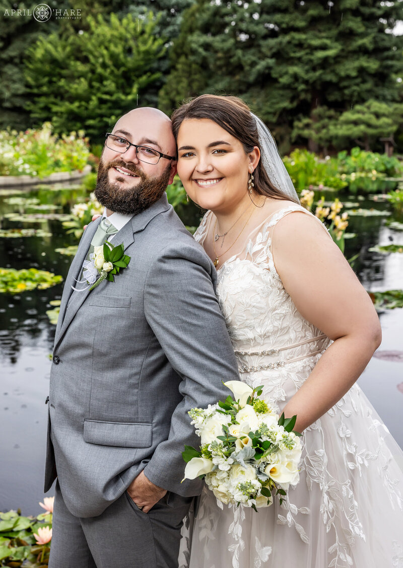 Couple portrait at the Monet Pool near the West Terrace at Denver Botanic Gardens