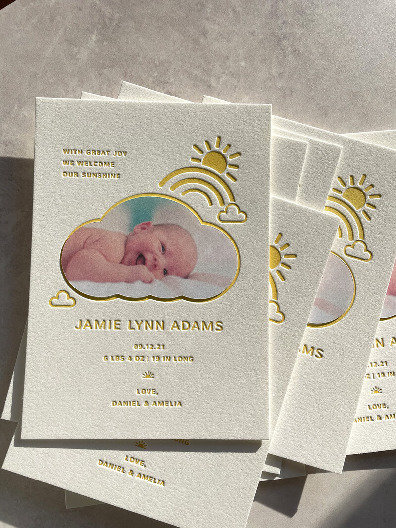 yellow letterpress birth announcement with baby photo