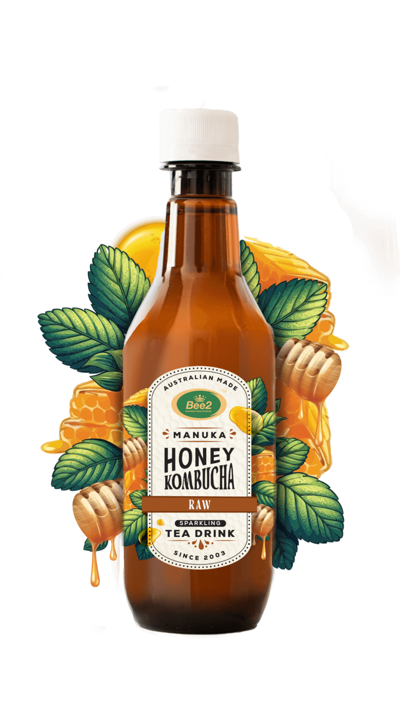 A close-up of a Manuka Honey Kombucha bottle with an artistic arrangement of honeycomb and green leaves surrounding the label. The design highlights the refreshing, organic qualities of the drink.