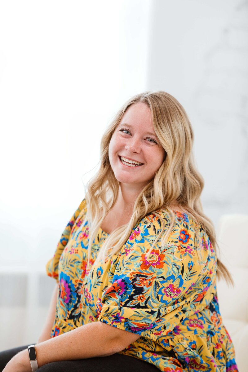 white studio headshot portrait blonde woman in yellow floral