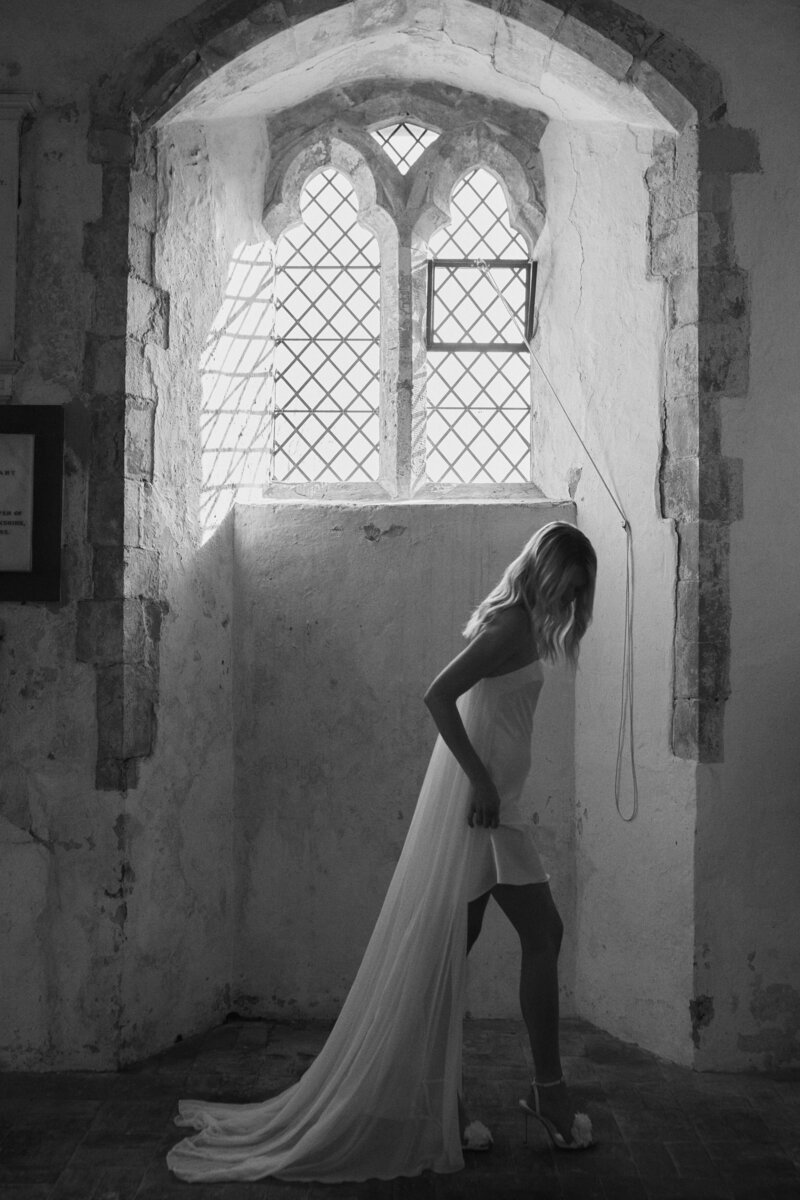 Flowing silk wedding dress, corset style, by Luna Bea, British Bridal Designer