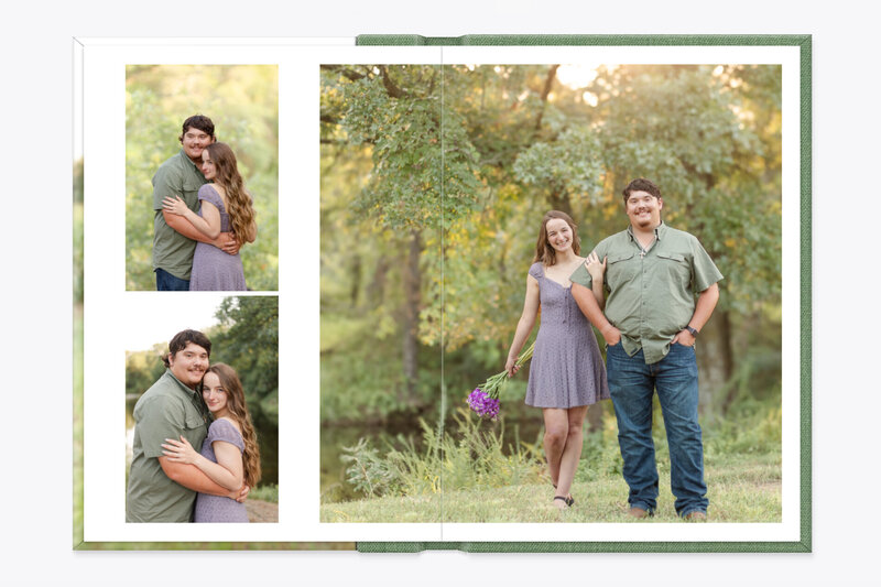 Album layout featuring two horizontal images and one vertical image of an engaged couple.