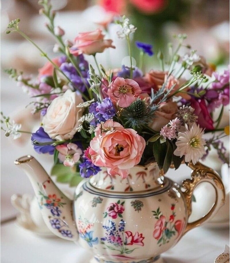 Stunning playful wildflower arrangement within a vintage tea pot. 