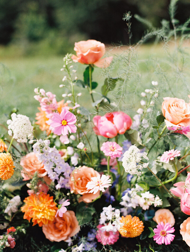 A close-up of the ceremony flowers by Moonlight Floral Co. in the hills of North Carolina.