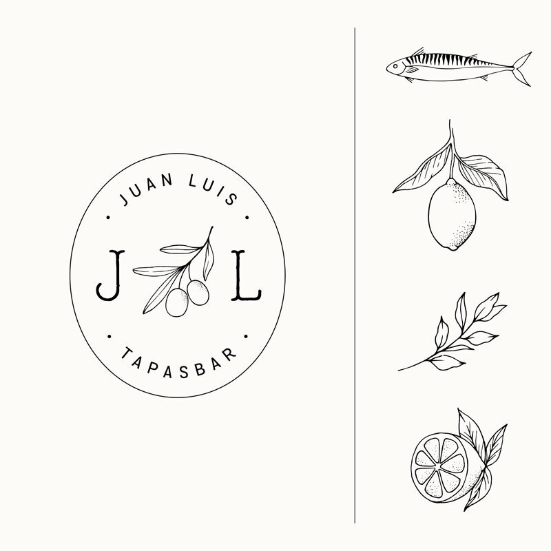 brand illustrations of fish, lemons and olives for Juan Luis