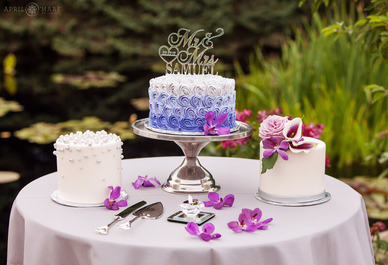 Wedding cakes set up at the Water Garden Gazebo at Denver Botanic Gardens