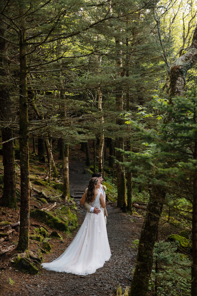 Elopement couple standing under tall trees in North Carolina