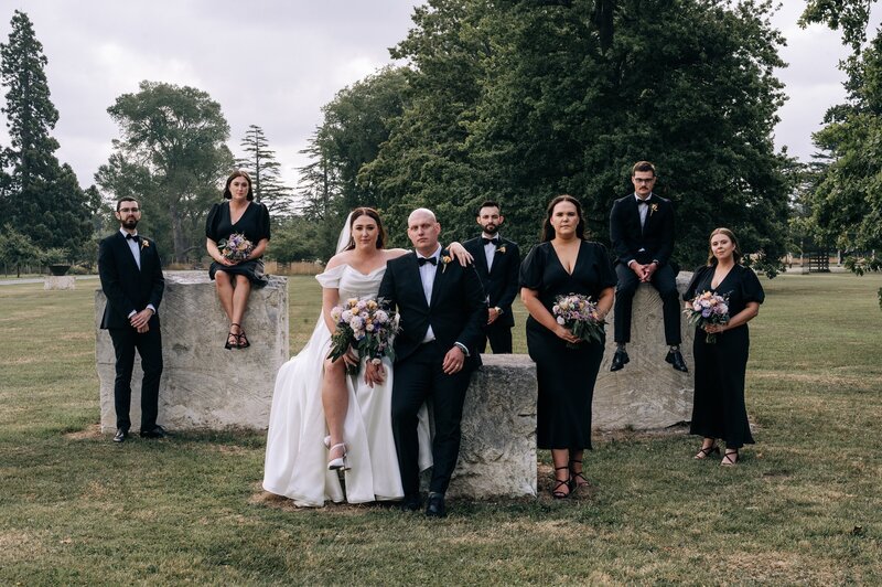 vogue style portrait of wedding party in black dresses at bangor farm darfield