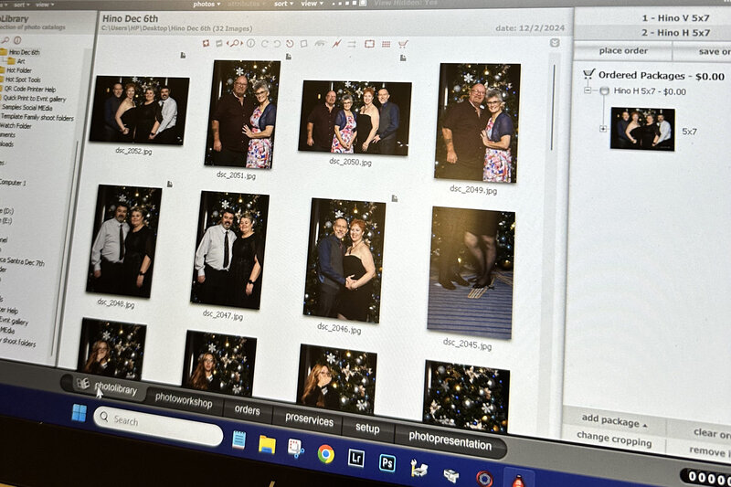 A computer screen showcasing event photography previews for onsite printing, with professional portraits displayed in a photo editing software interface.