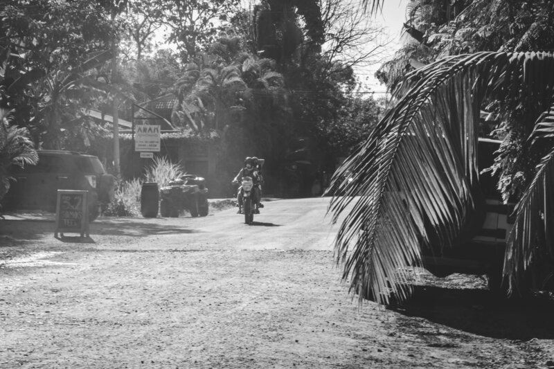 Black and white image of Santa Teresa road in costa rica