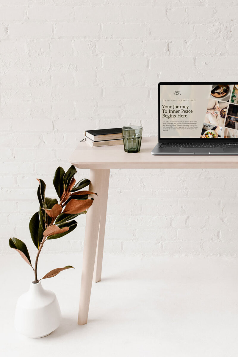 Ava Zen House wellness website image on a latop sitting on a beige sofa