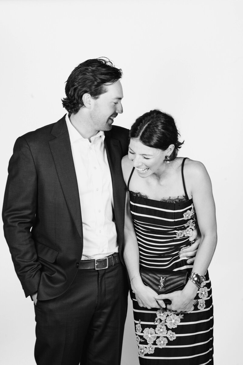 Wedding guest posing for an editorial black-and-white portrait at a Richmond wedding. Captured in film-inspired style by Editorial Wedding Co.