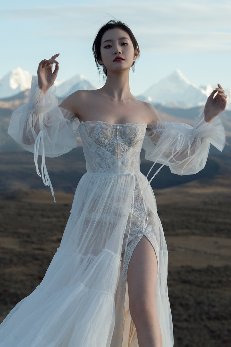 A beautiful woman wearing a couture bridal dress photographed in wild fields with snow capped mountains in the background.