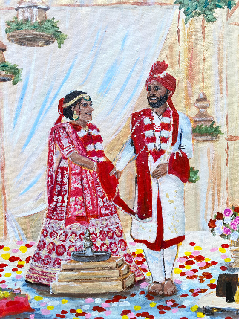 Live wedding painting of a traditional Indian wedding ceremony, featuring the Saptapadi ritual with the bride in an intricate lehenga and the couple keeping joyful eye contact while walking around the fire