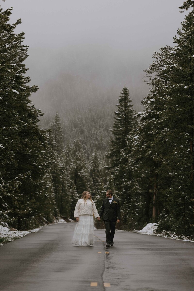 holding hands in the forest in Aspen Colorado with the aspen and pine trees surrounding on the road