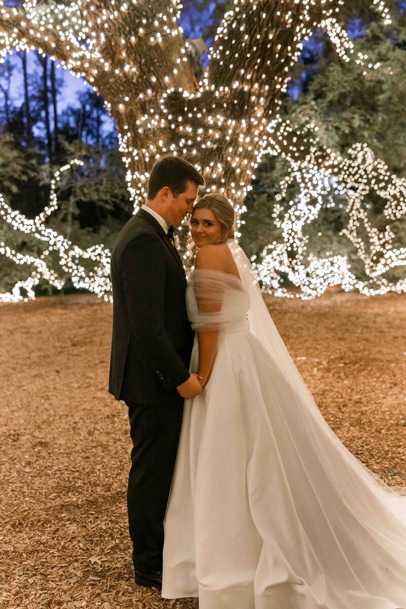 Bride holds her grooms hands while looking at the camera, under a beautifully lit Christmas tree.