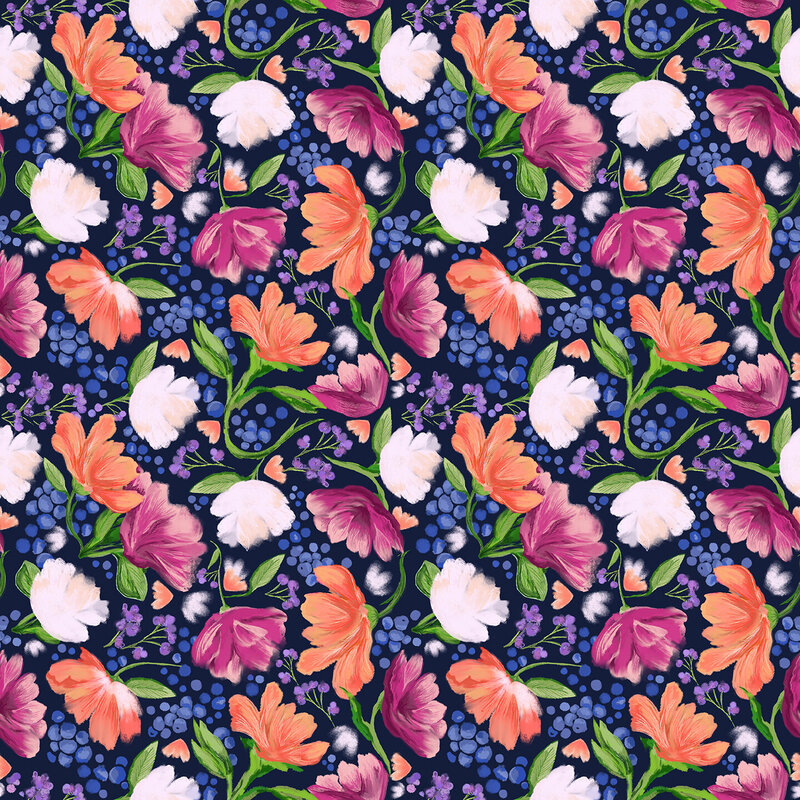 seamless pattern design by Ellen Morse,, Buffalo  illustrated florals in bright spring colors on dark navy background