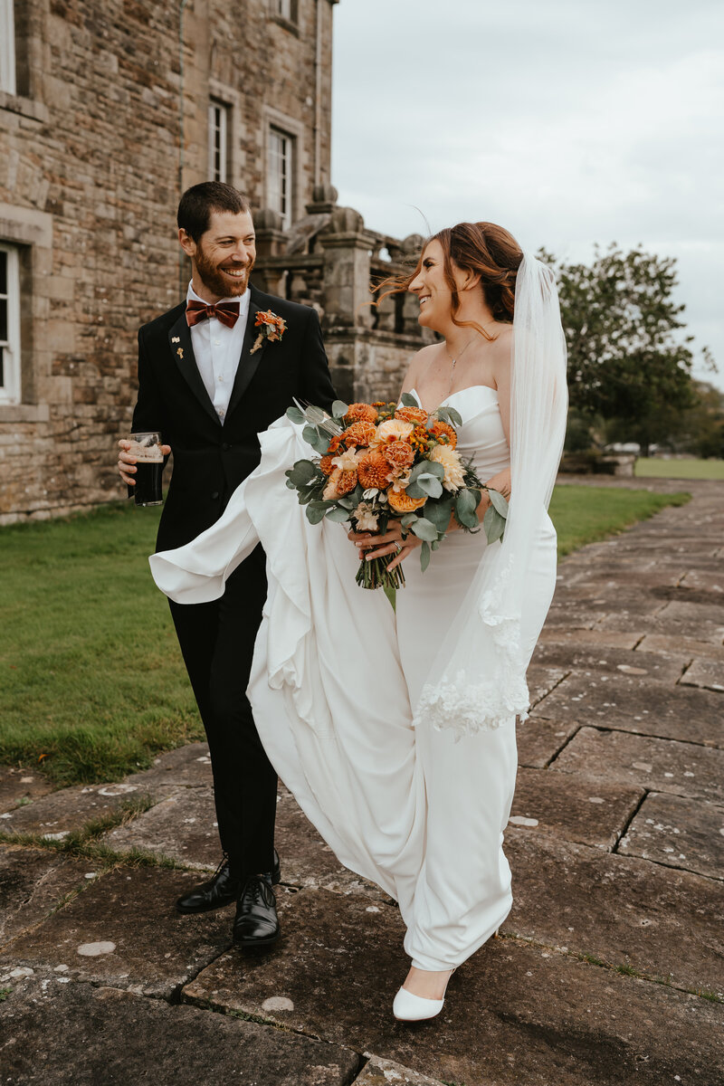 Bride and groom during couples portraits at Rowallan Castle 