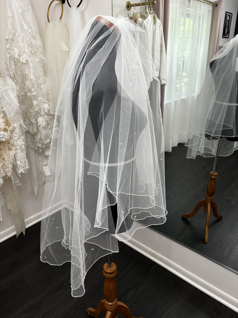 demelis Atelier Light Ivory Vintage Finger Tip Bridal Veil with Blusher with Pearls & Sequence