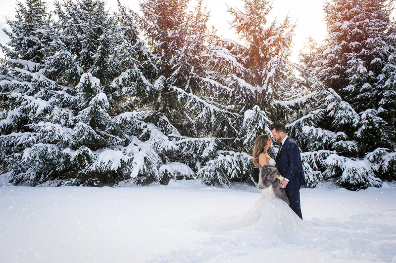 A couple posing in the snow in London Ontario. Bride is wearing a white dress with a fur stole and Groom is wearing a navy tuxedo