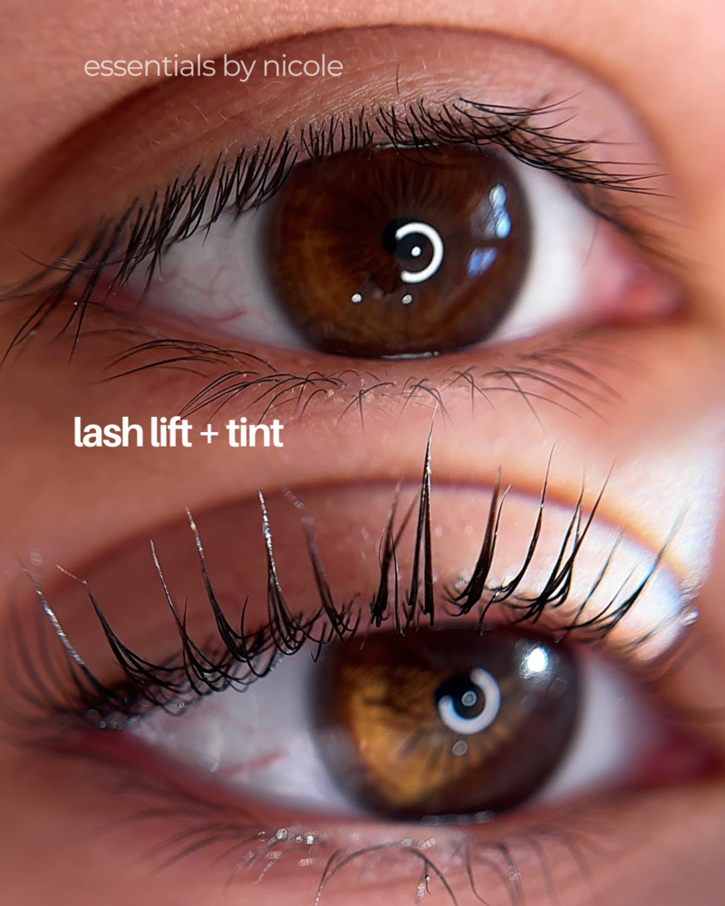Eye close-up after lash lift and tint on medium-length lashes
