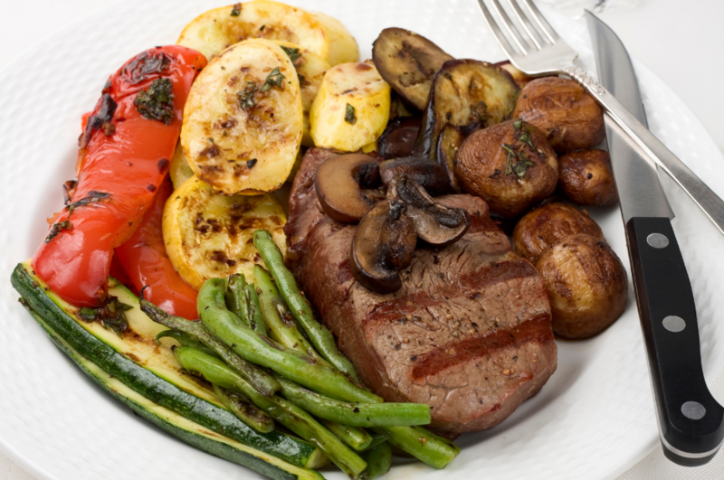 nutritious meal of steak, potatoes, mushrooms, green beans, zucchini, summer squash, and red bell peppers