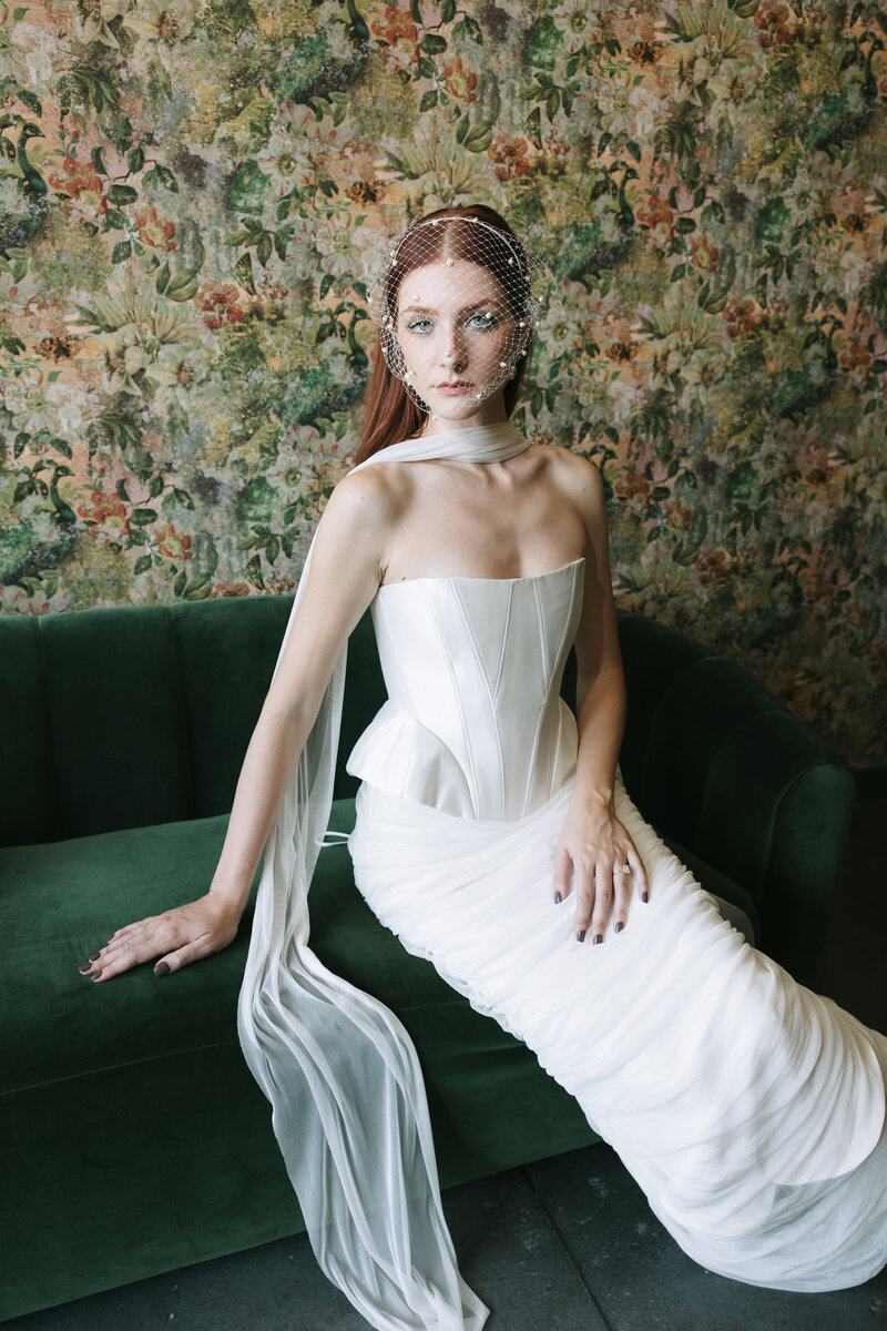 bride wearing white lace wedding dress