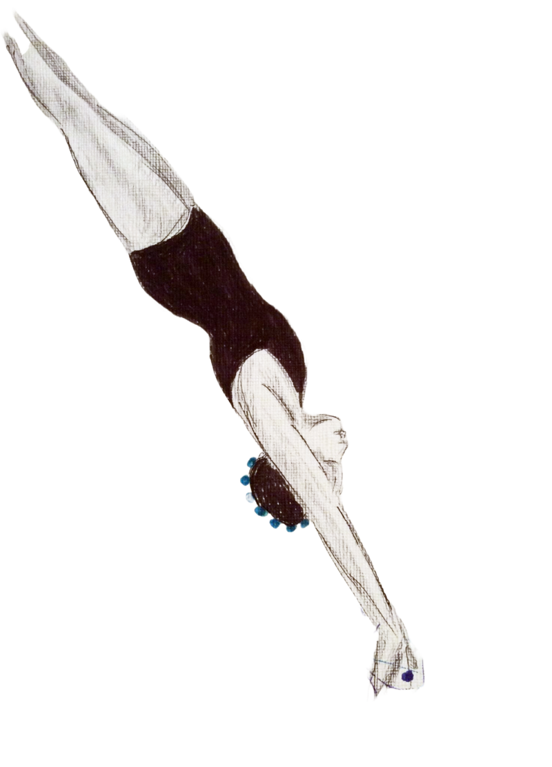 A hand-drawn swimmer diving into the water, depicted in a minimalist black and white style.