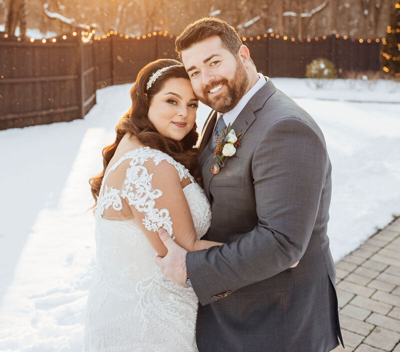The Hamilton Manor | Bride and Groom Hugging at Sunset During Winter Wedding | Hamilton Township, New Jersey